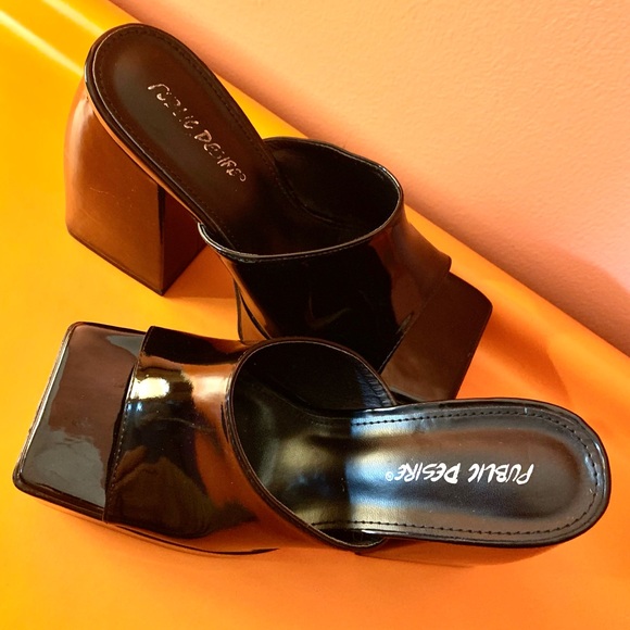 Public Desire Black, Faux Patent Leather Platform Square-Toe Mules Women's 8 - Picture 5 of 11